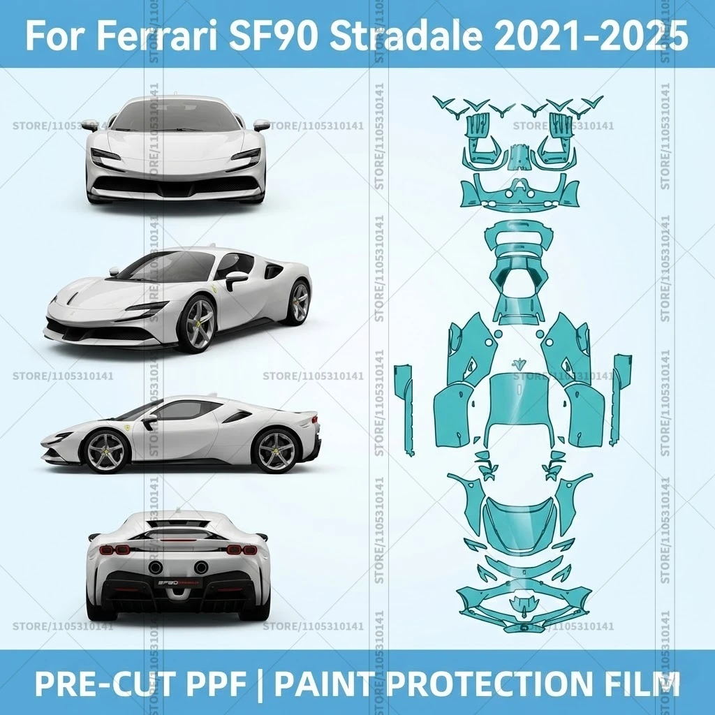 

Для Ferrari SF90 Stradale 2021-2025: Предварительно вырезанная прозрачная защитная пленка (PPF) для автомобиля, полный комплект для всего кузова