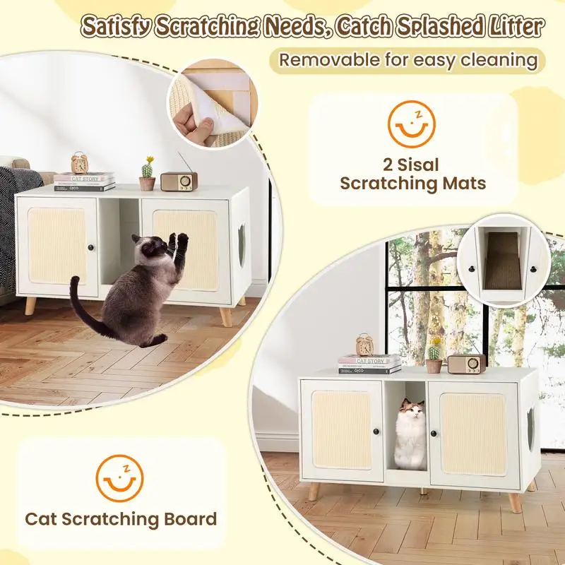 

43 Inches Cat Litter Box Enclosure with Double Rooms and 2 Sisal Scratching Mats-White