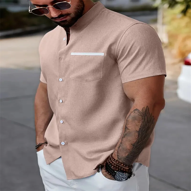 Men's solid color shirt daily short sleeved V-neck buckle fashion designer casual comfortable breathable