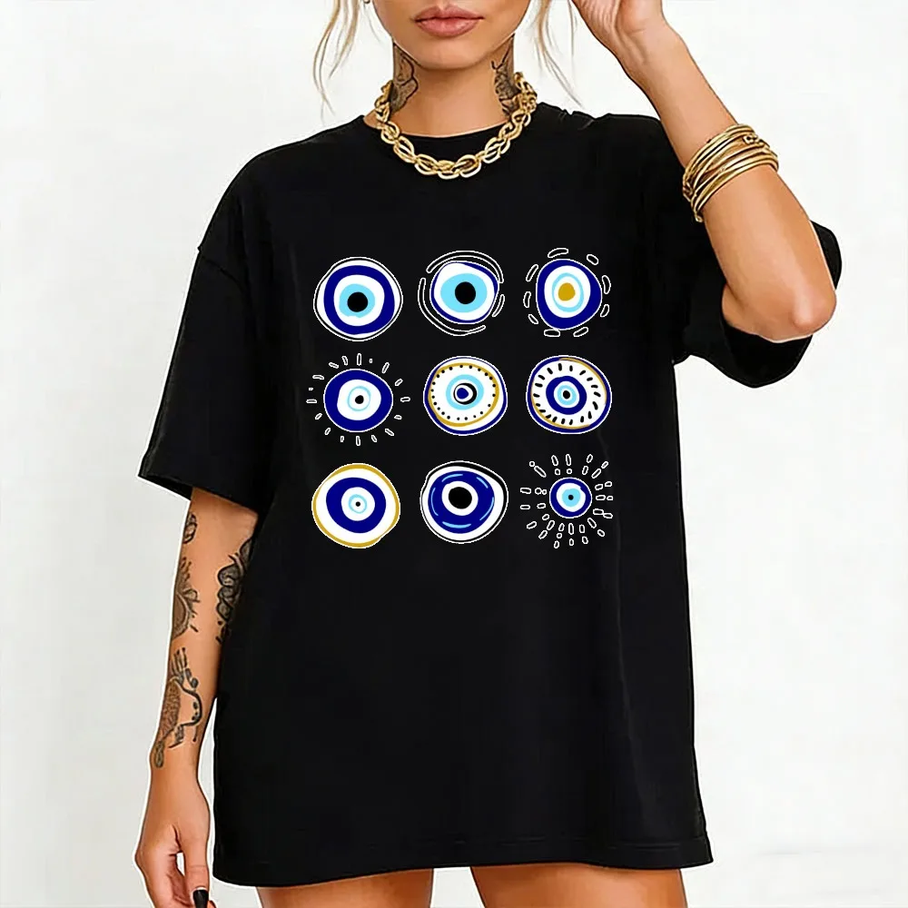 Sketch Evil Eye Motif Cotton T‑Shirt Casual Unisex Tee Mystic Boho Streetwear Summer Crewneck Tops Protective Charm Apparel Tee