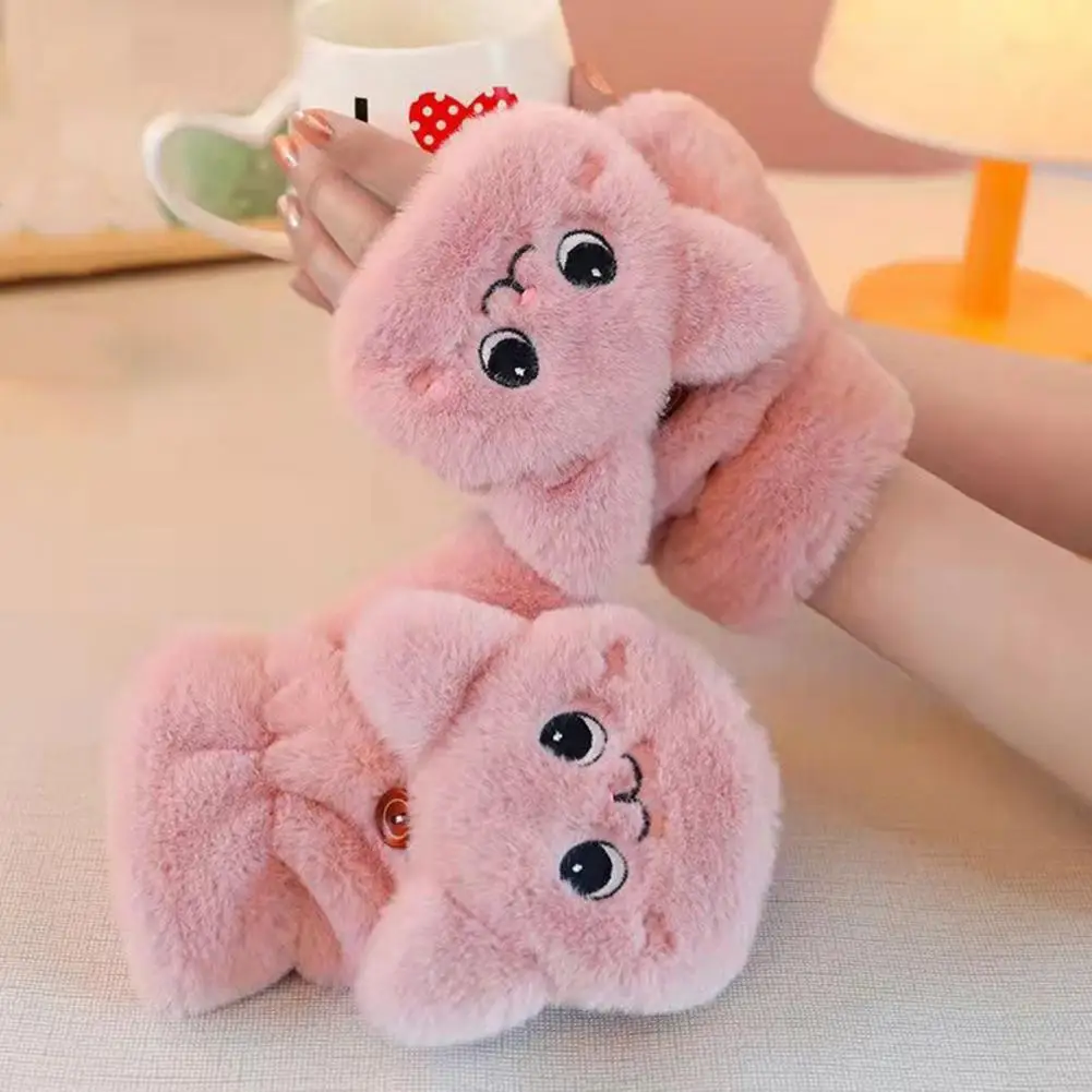 قفازات من الفرو الصناعي، قفازات شتوية مبطنة بالصوف للنساء، تصميم كرتوني، دفء سميك للاستخدام الداخلي والخارجي #3