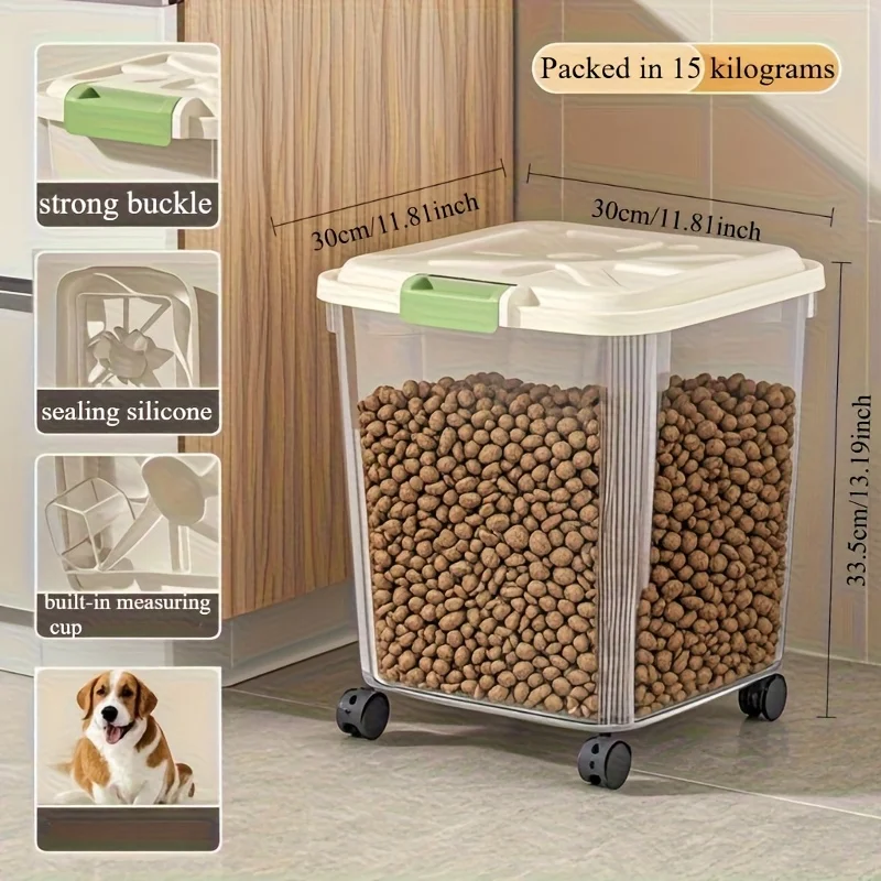 Contenitore sigillato per alimenti per animali domestici con ruote e cucchiaio, scatola trasparente per alimenti per cani, gatti e uccelli, 2 misure disponibili