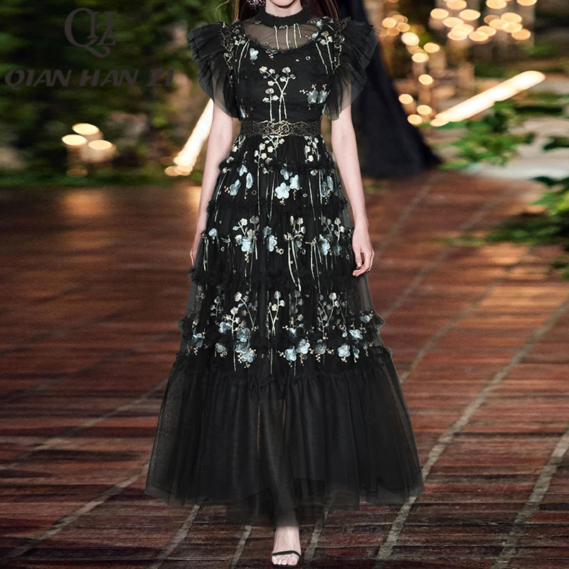 

QHZ Designer Fashion Vintage Maxi dress Women Flying sleeve Mesh Flower embroidery luxury Slim black Party Dresses Long