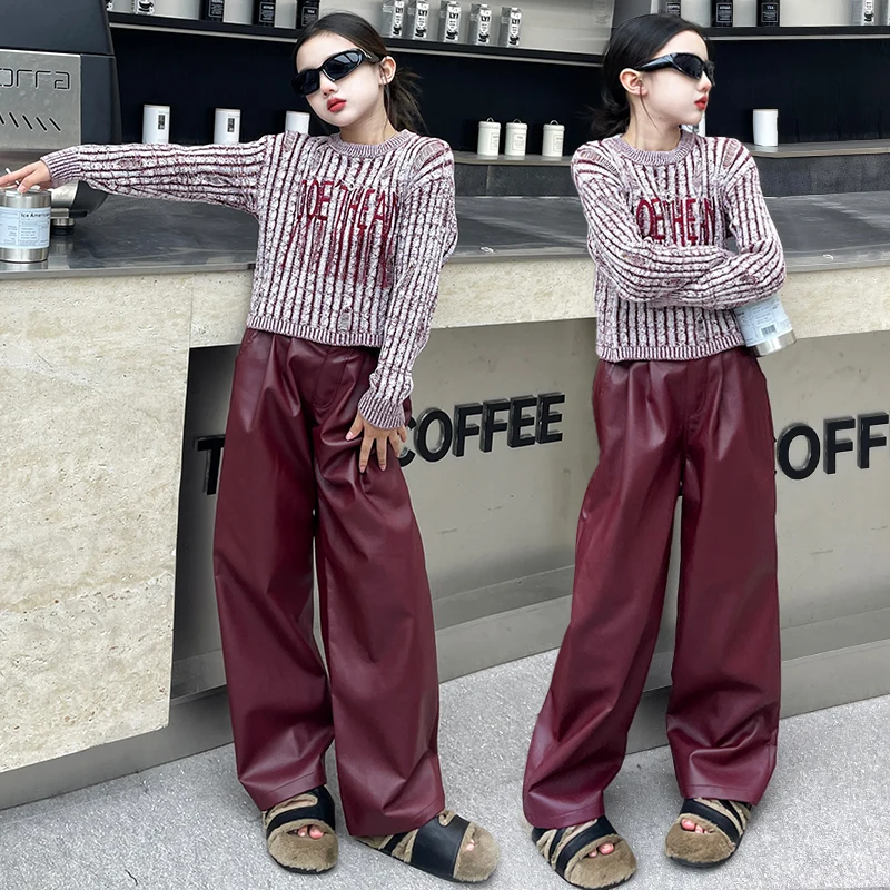 

Осенне-зимние градиентные красные свитеры с бахромой для девочек-подростков, детские штаны для девочек/девочек из ПУ кожи с широкими штанинами, модная одежда для девочек 6, 8, 10, 14