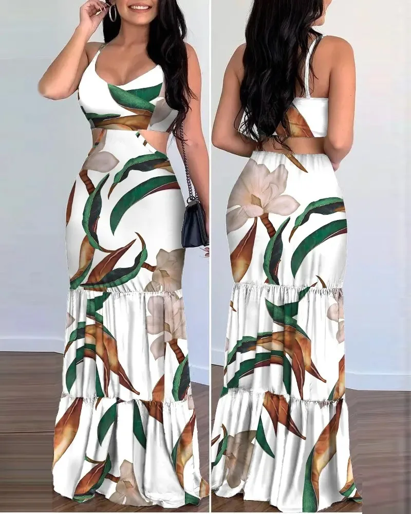 Women Dress Camisole Long Dresses Print Folds Sleeveless Slim Fit V Neck Elegant A Line Splice Vestidos Beach Summer 2024