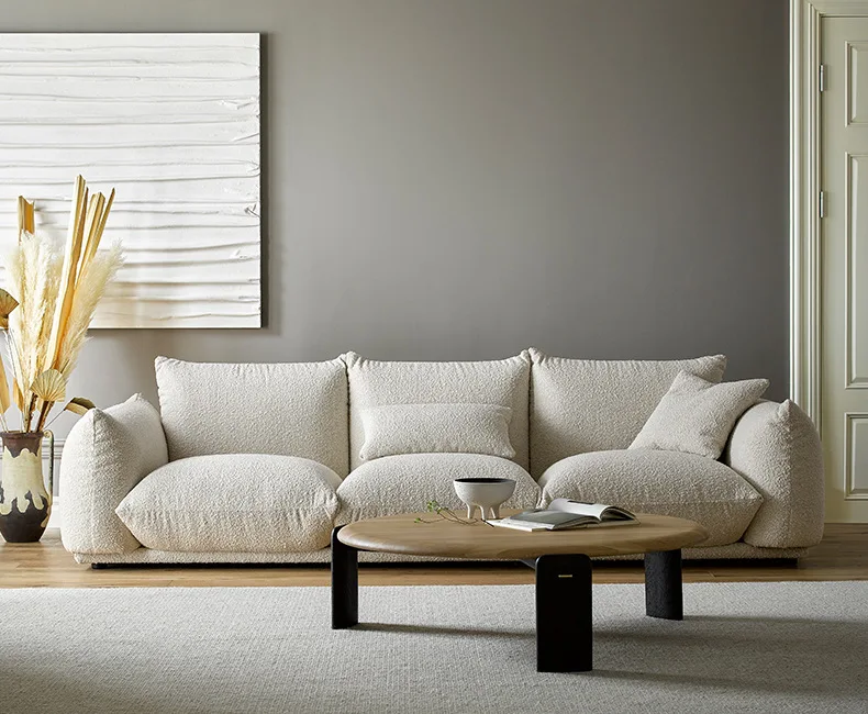 Modern simple living room straight row fabric sofa cream style lamb wool Internet celebrity furniture