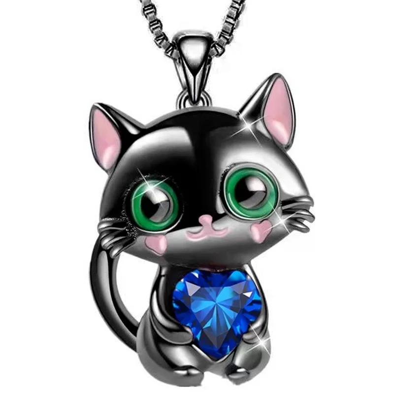 Fashion Creative Black Cat Necklace Heart Crystal Pendant Engagement Necklaces for  Women Animal Jewelry Party Anniversary Gift