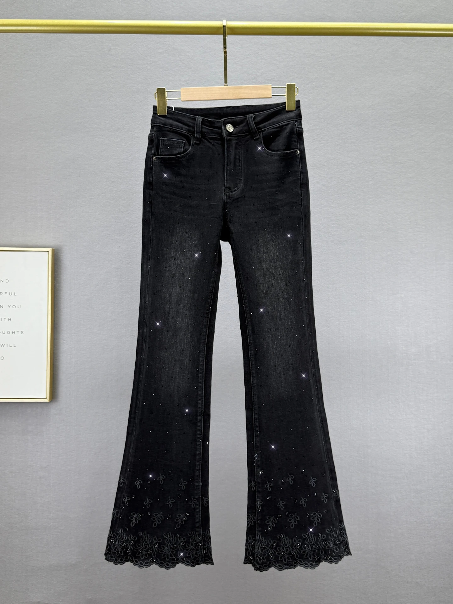 

Retro High Waist Women's Denim Jeans Sequin Frill Bell Bot Elastic Slimming Long Trousers Comfortable Soft Bla Jeans