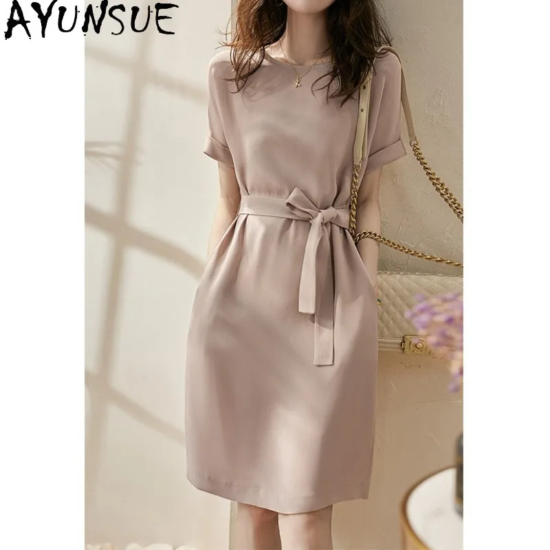 

AYUNSUE Heavyweight 30MM Silk Dresses for Women Elegant Solid Color Mid-length Dress Woman Summer Dresses 2026 Woman Clothes 원피스