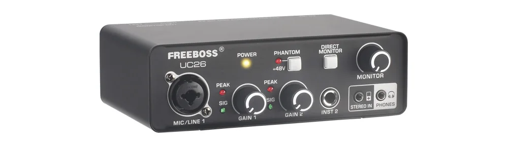 FREEBOSS Stereo Recording Audio Interface Guitar ASIO4ALL 3 Channels Input Monitor 48V External Usb Sound Card for Studio UC26