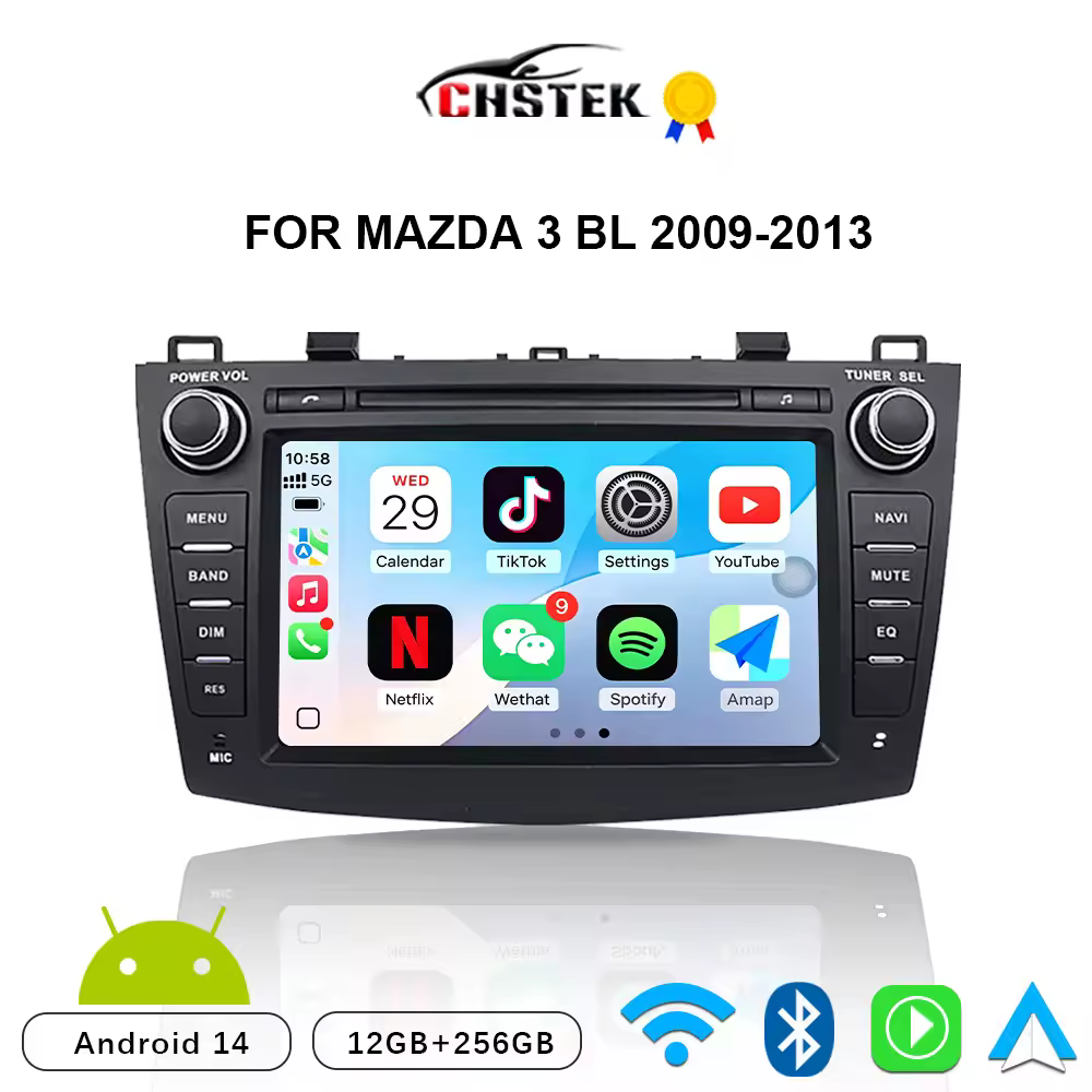 Radio para Auto CHSTEK de 8 Pulgadas con CarPlay y Android 14 para Mazda 3 BL 2009-2013, Sistema Multimedia Automotriz con Navegación, Bluetooth, WIFI, 4G y Estéreo