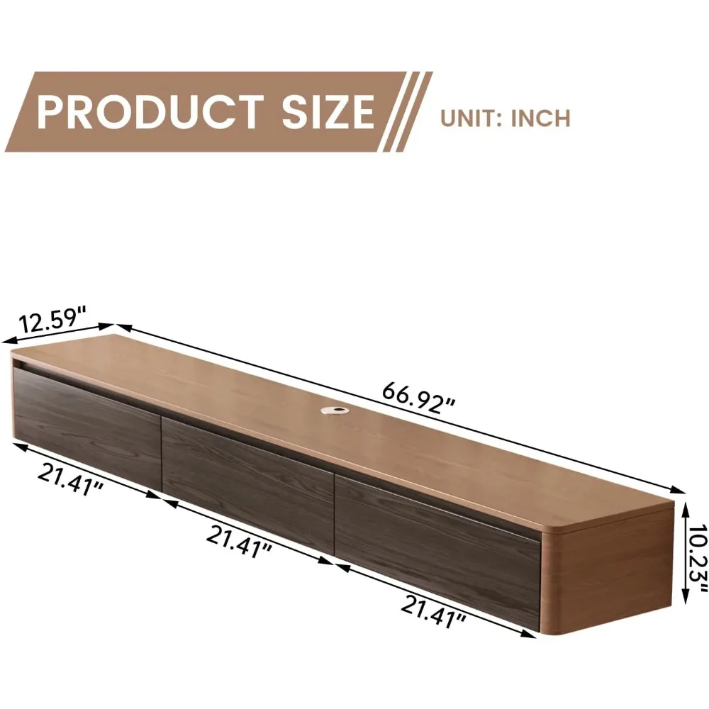 67-inch contemporary walnut floating tv stand with 3 flip-down doors and solid wood media storage