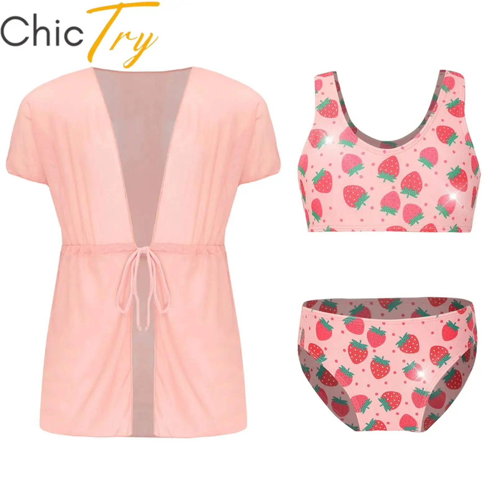 

Kids Girl Cute Strawberry Print 3Pcs Swimsuit Swim Vest Top Briefs and Mesh Belted Cover Up Kimono Set Beach Swimwear Outfits