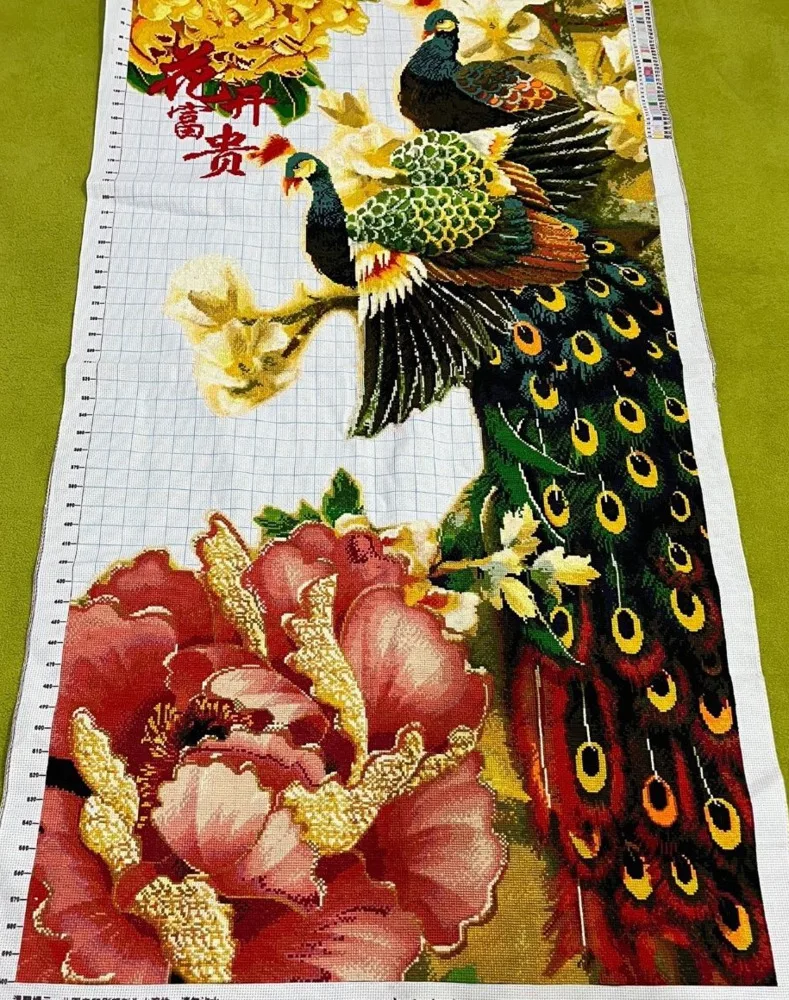 

(Finished product) Pure handmade cross stitch finished product: Flower Blossom, Wealth, Prosperity, Peony, Peacock Large Edition