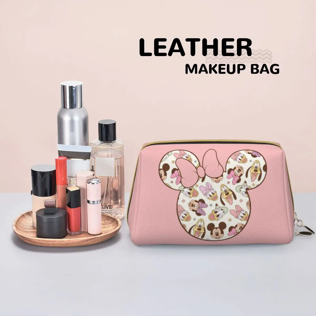 Cute Minnie Mouse Leather Makeup Bag for Girl Stylish Large Capacity Cosmetic Bags Accessories Women Zipper Beauty Toiletry