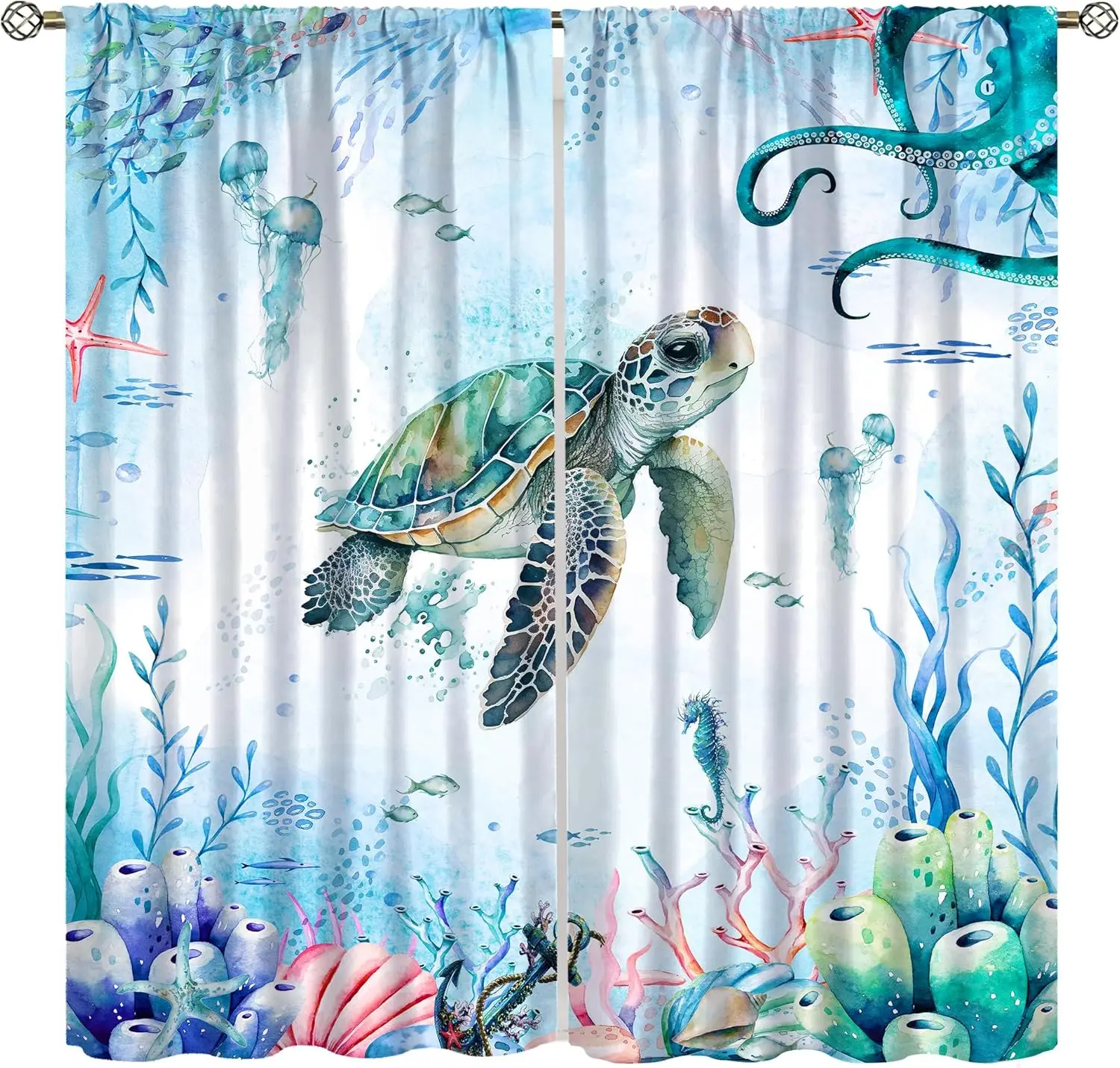 Turtle Ocean Curtains, Watercolor Cartoon Sea Animals Octopus Coral Shell Seahorse Jellyfish Window Treatments Drapes for Kids