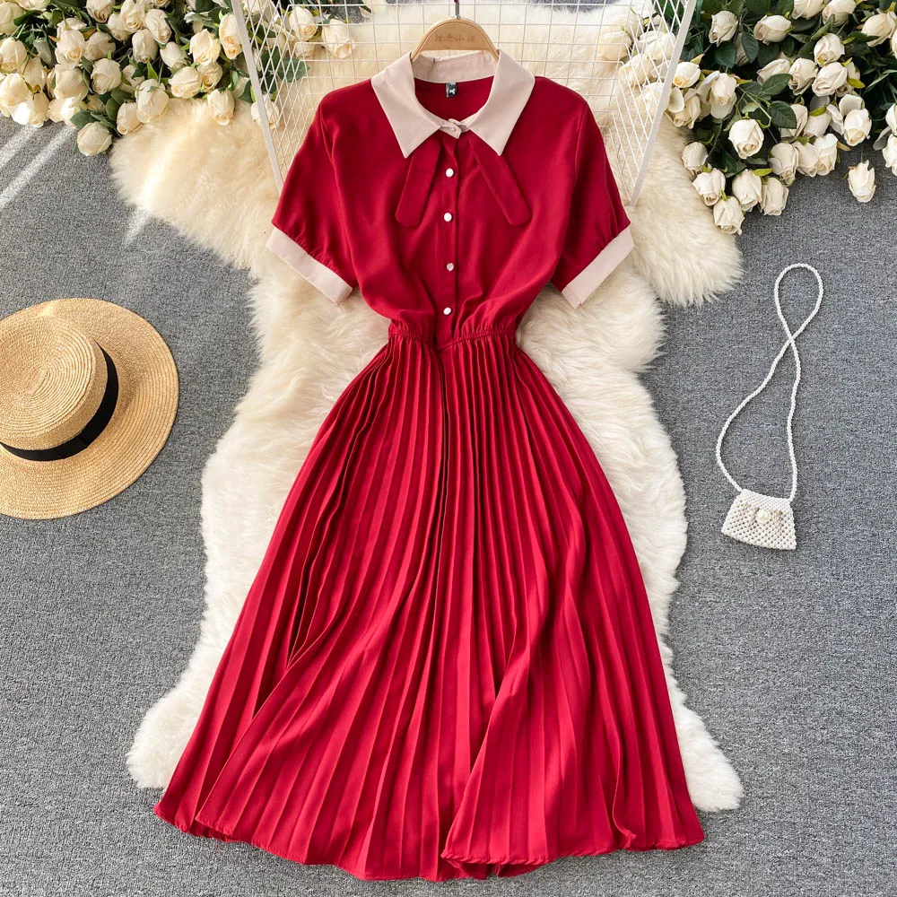 

Simple Anti-Aging Elegant Lady Temperamental Dress Lapel Short Sleeve Lace-up Waist-Controlled Large Hem Pleated Skirt