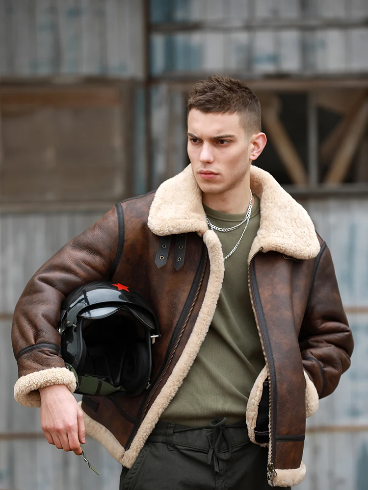 Man Winter Coat Genuine Leather Natural Sheepskin Shearling Jacket for Male Motorcyclist Pilot Biker Brown Big Size 5XL 6XL 7XL