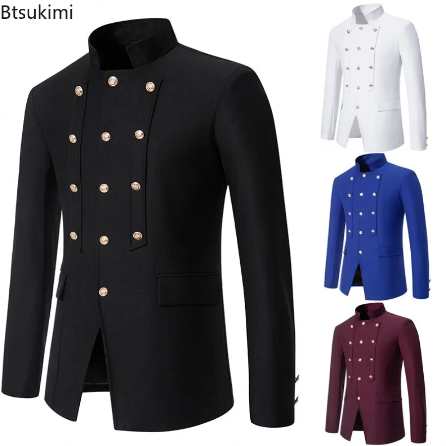 

2024 Men's Business Casual Formal Clothing Vintage Court Buckle Wedding Slim Suit Jackets Three Breasted Solid Blazers Gentleman