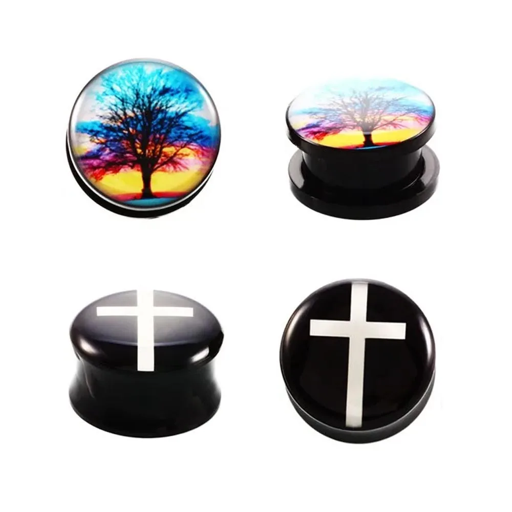 1 Pair Black UV Acrylic Earplugs Piercing Peace Tree White Cross  Pattern Double Horn Ear Piercing Expander 2g-5/8