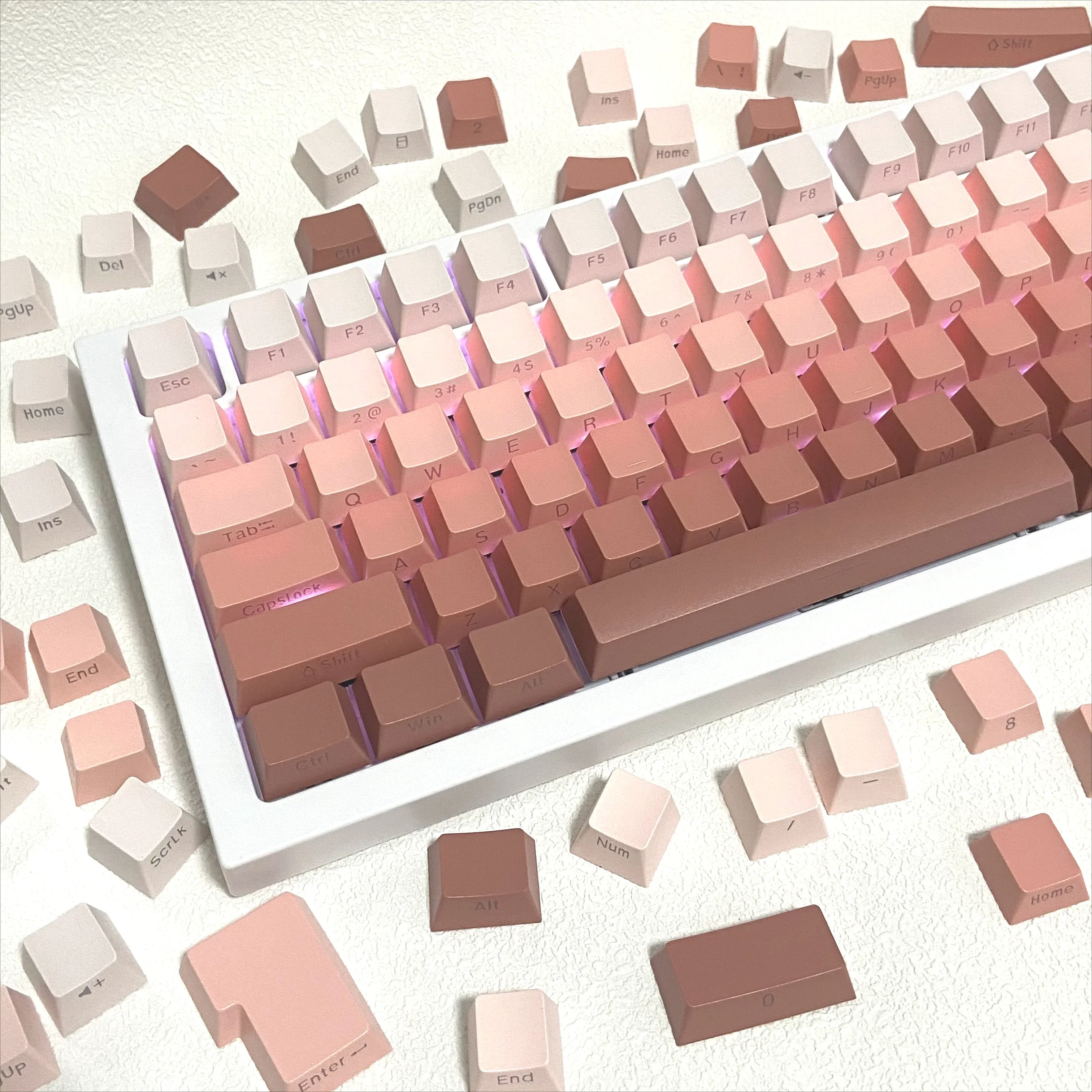 

Румяна OEM колпачки для клавиш, механическая клавиатура, полупрозрачный градиент, 134 клавиши, колпачки для игровой клавиатуры из ПБТ с боковой гравировкой