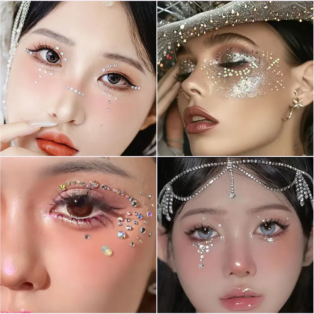 2Sheets Rainbow Colorful Makeup Diamond Face Stickers Sparkling Rhinestone 3D Jewelry Sticker Eye Face Gem Makeup Tattoo Sticker