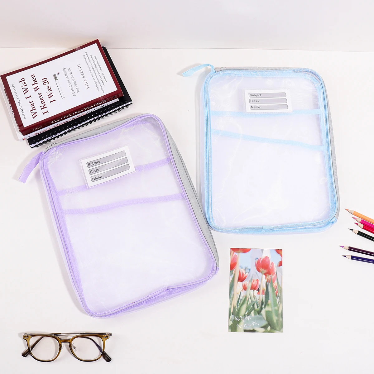 

Transparent Mesh Document Bag, Portable Zipper File Pouch with Label Tag for Business Office Paper Storage