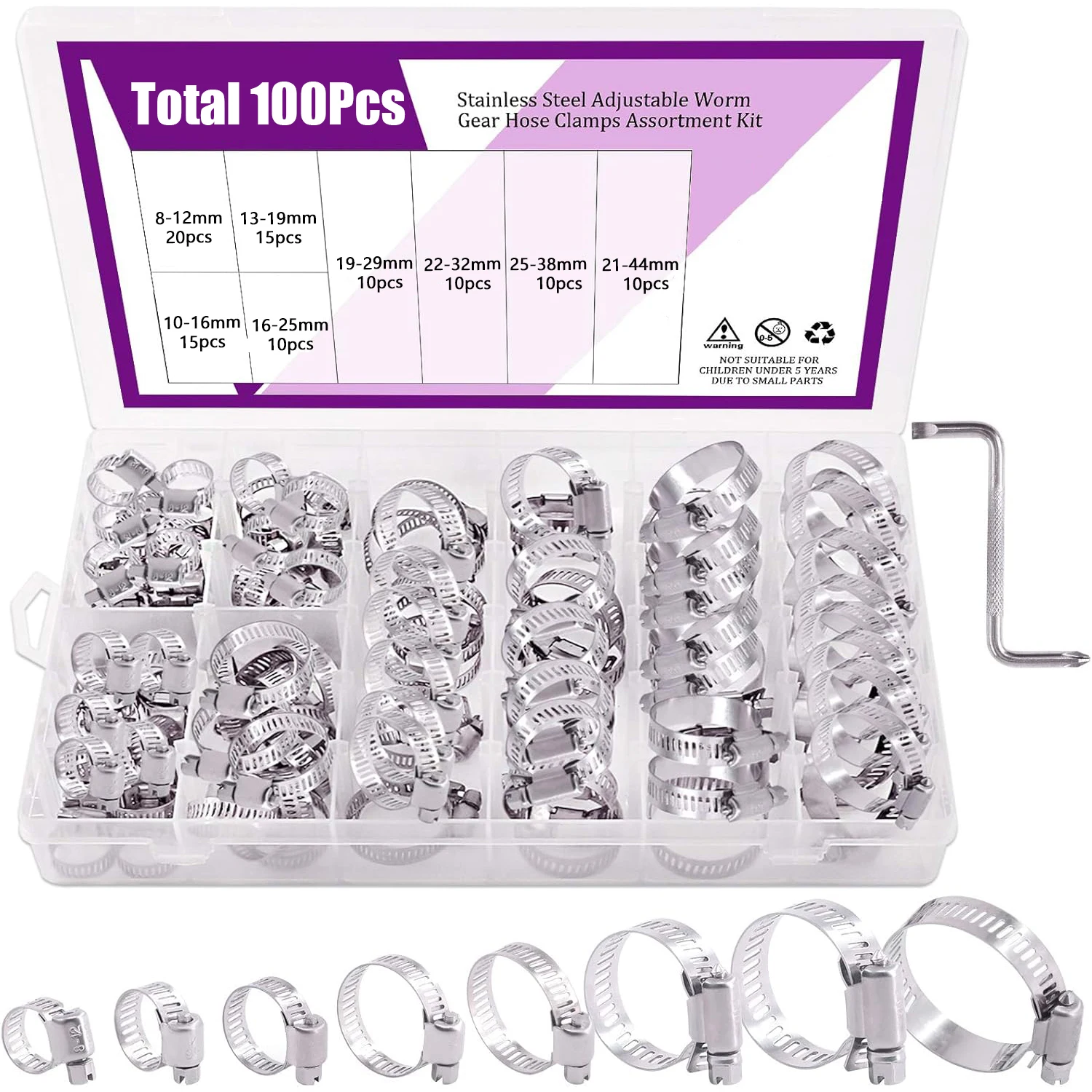 100PCS Stainless Steel Hose Clamp Assortment Kit,Adjustable Metal Fuel Line Hose Clamps with Screwdriver for Automotive Plumbing