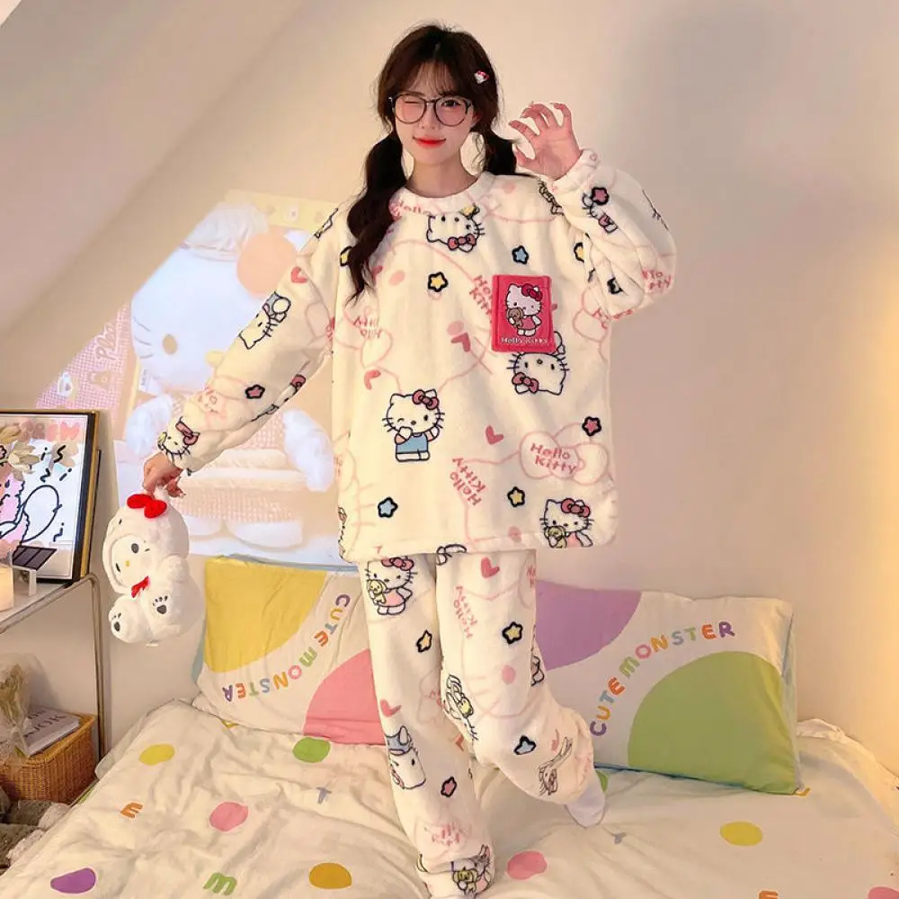Cartoon Hello Kitty Anime Women Pajamas Suit Anime Winter Girls Coral Fleece Sleepclothes Flannel Velvet Thicken Homewear Suit