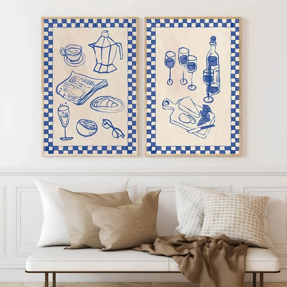 Carteles e impresiones minimalistas modernos para taza de café, pintura en lienzo, plato de limón y queso, imagen artística de pared para Cocina