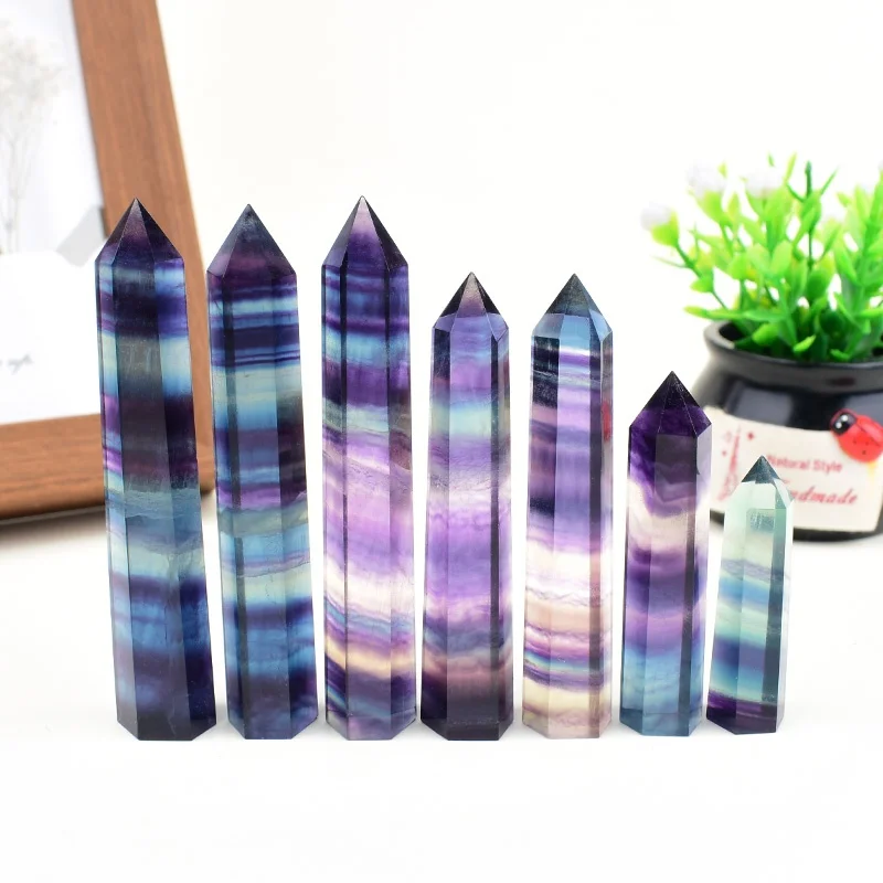 1pc Natural Crystal Colored fluorite Obelisk Point Healing Stone Hexagonal Wand Treatment Stone Home Decor DIY Gift Souvenir