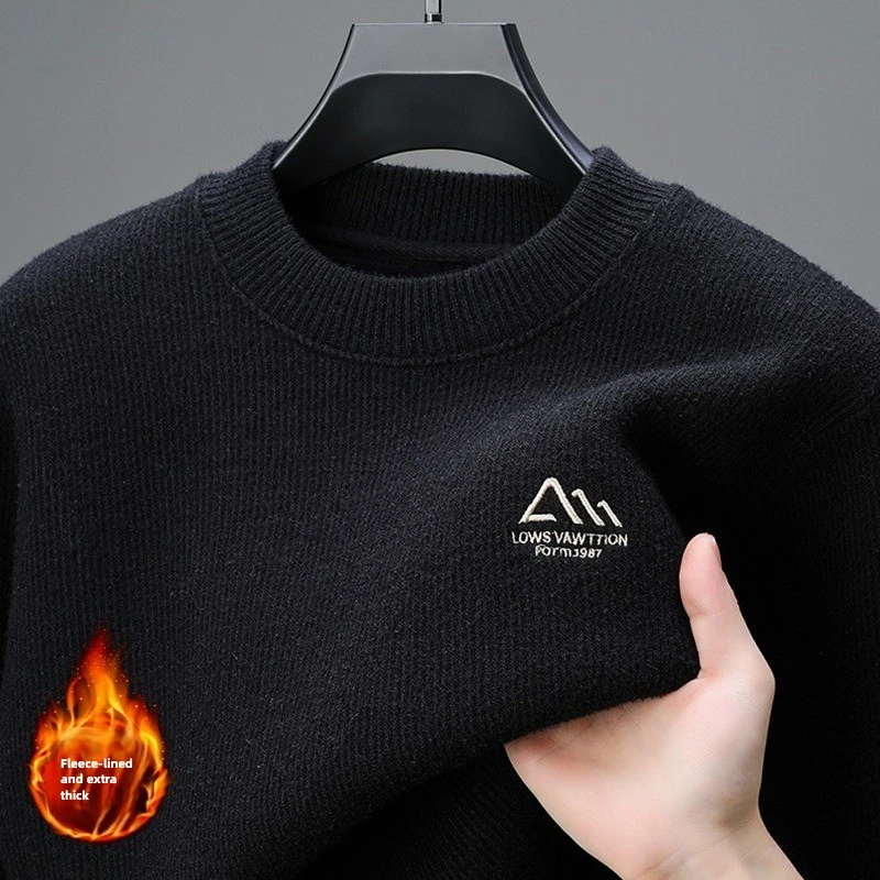 

Imitation Mink Fleece Thickened Sweater Men's Winter New Fashion Trendy Brand Embroidered Semi-turtleneck Warm Knitted Sweater