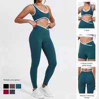 Women Summer Contrasting Sports Bra Shorts Set Female Two-Piece Set Running Shock-Absorbing Neck Hanging Underwear Yoga Set - Image 2
