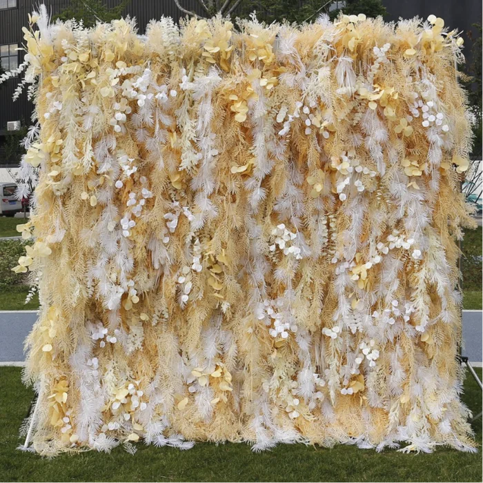 Deluxe Edition 3D Gold White fabric artificial flower wall, plant wall, wedding background, floral party decoration