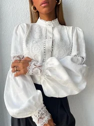 Camicette di pizzo bianco donna elegante solido Casual pizzo e bottone gancio fiore Hollow maniche a sbuffo camicetta Top Lady Office Shirts
