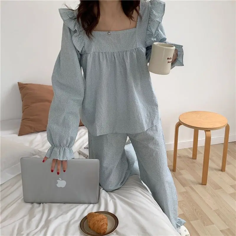 Pajama Sets Women Plaid Harajuku Schoolgirl Sweet Style Autumn Simple Sleepwear Square Collar Ins Popular Lovely Nightwear Daily