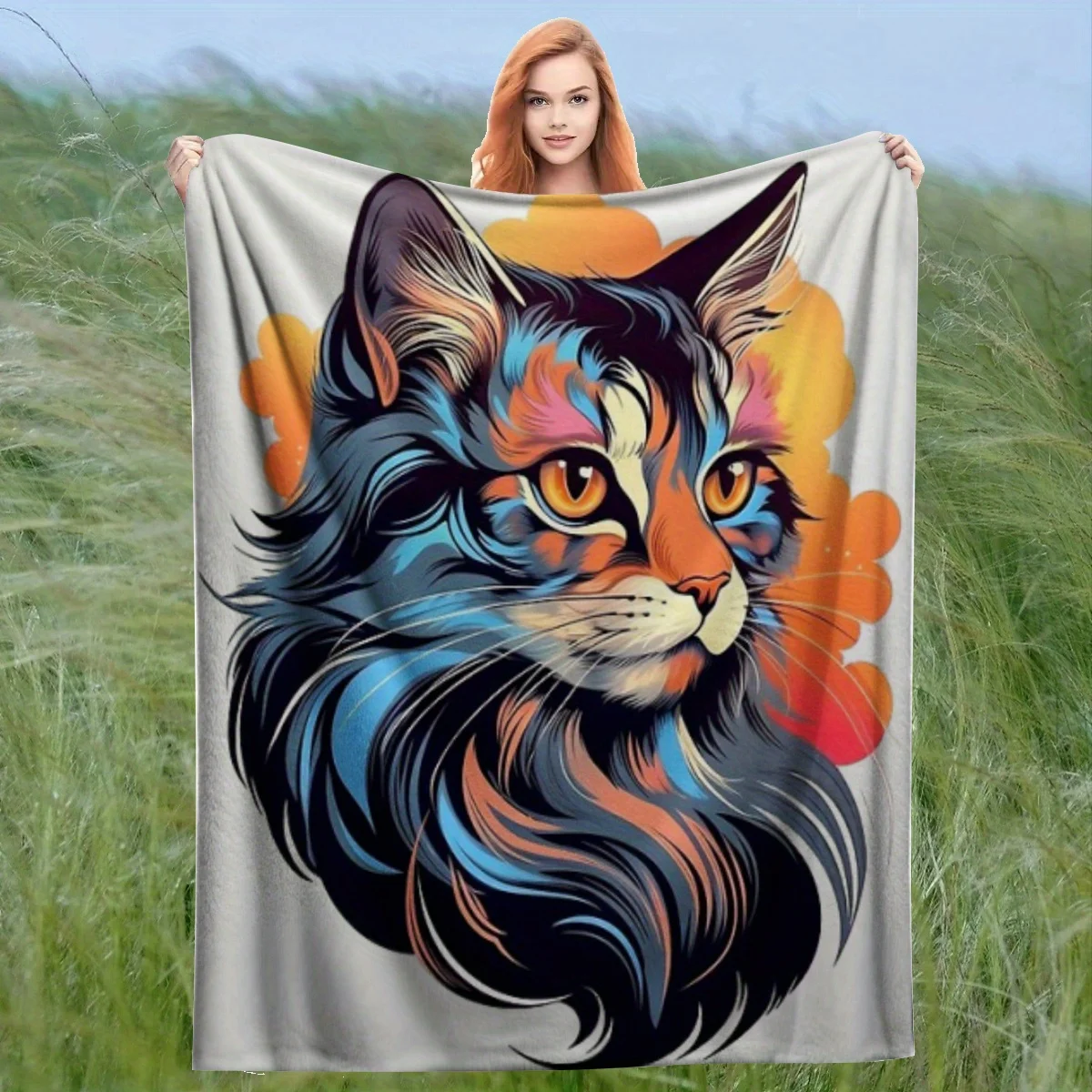 Angora-Inspired Calico Tabby Cat Design Blanket - Lightweight All-Season Soft Bedspread with Turquoise Blue, Golden