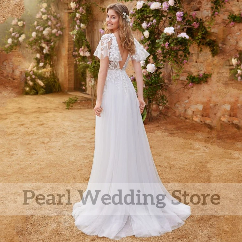 Boho manga curta com decote em v vestido de casamento a linha tule até o chão romântico sem costas bohemia nupcial seaside robe de mariée