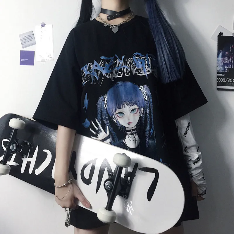 Gothic Clothes Loose T-shirts Harajuku Style Print Anime T-shirt Streetwear Female Short Sleeve Woman T-shirt E Girl Clothes