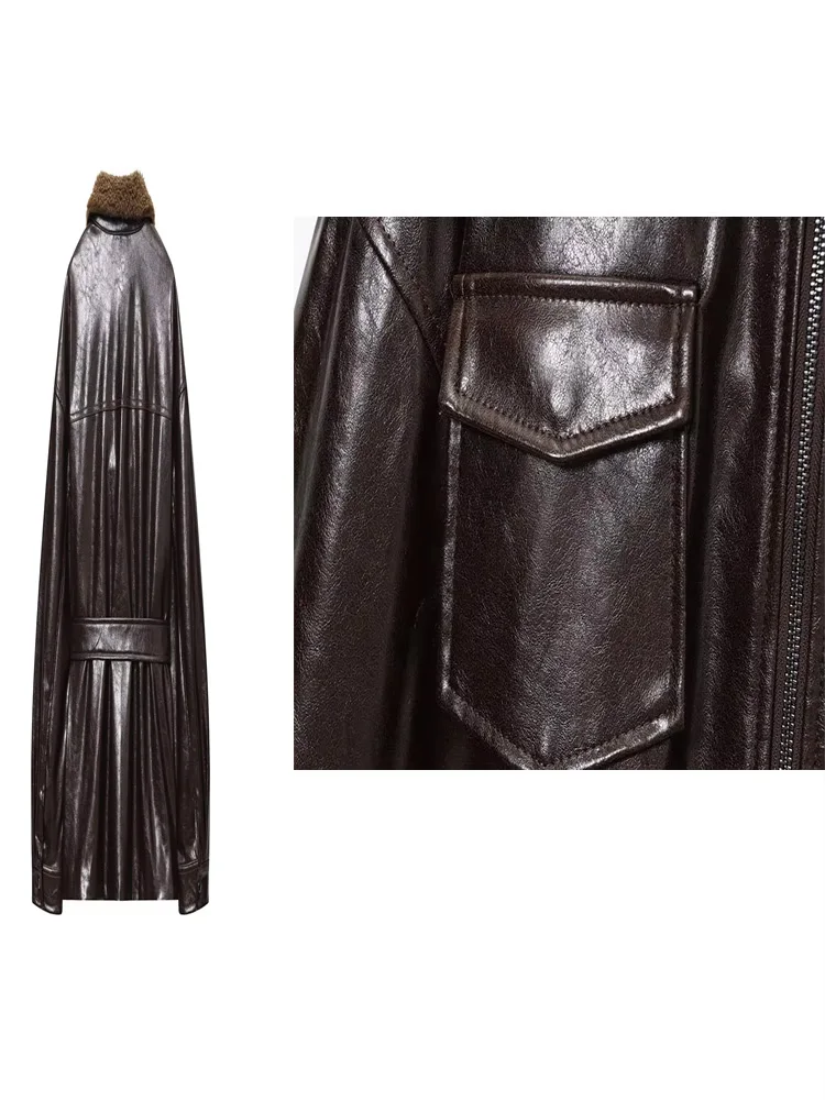 

HH женская мода зимняя уличная стильная куртка с длинными рукавами из искусственного меха с лацканами на молнии и карманом с украшением из искусственной кожи с покрытием