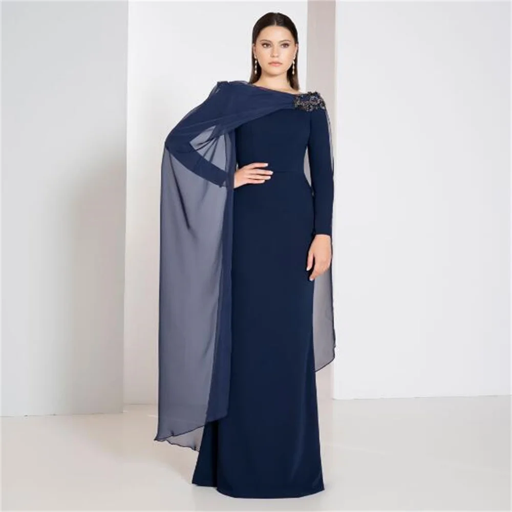 Boat Neck Long Sleeve Prom Dress  Satin  Chiffon Floor Length Evening Gowns Dresses  Mermaid Formal