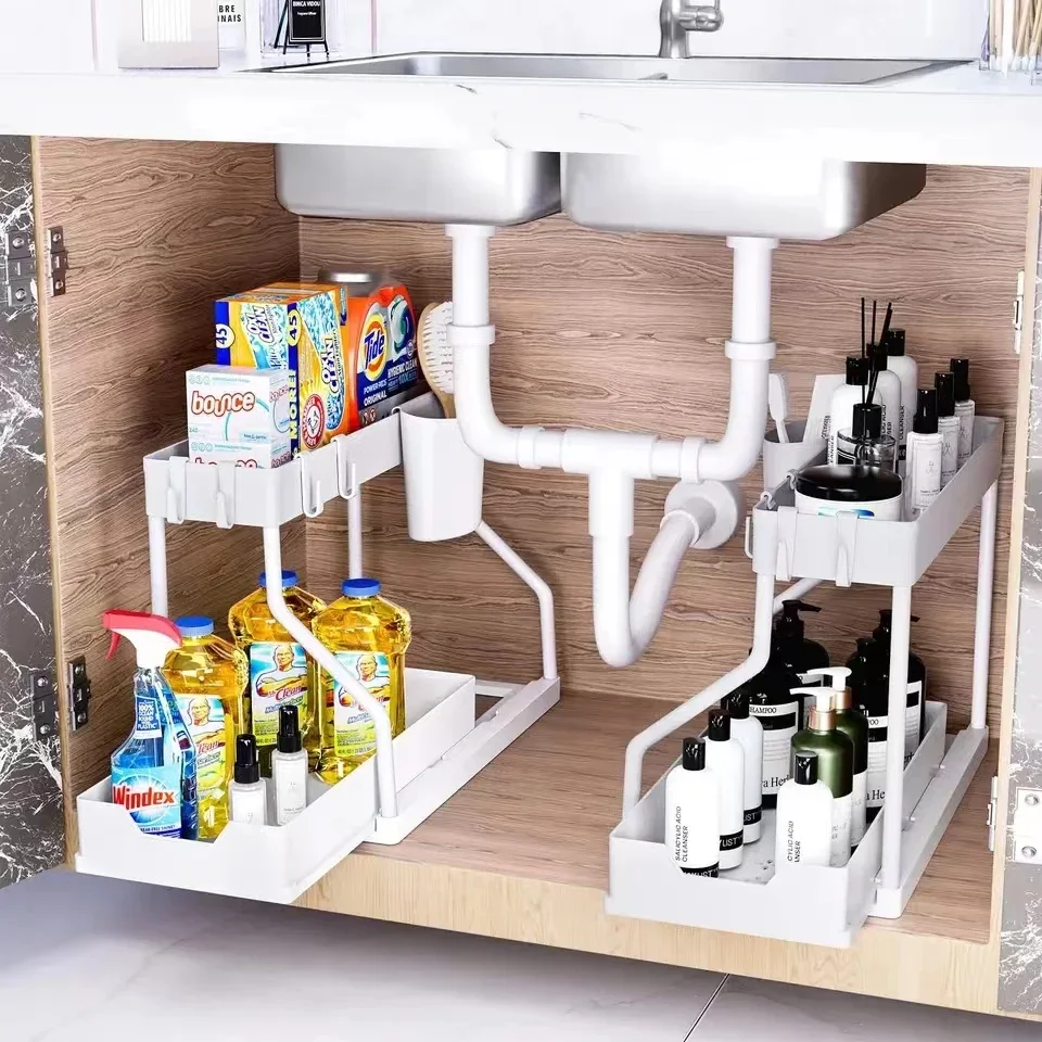 

Under Sink Storage Organizer 2 Tier Drawer Pull Out Multifunctional Shelf Organizer Bathroom Kitchen Desktop Cabinet Rack