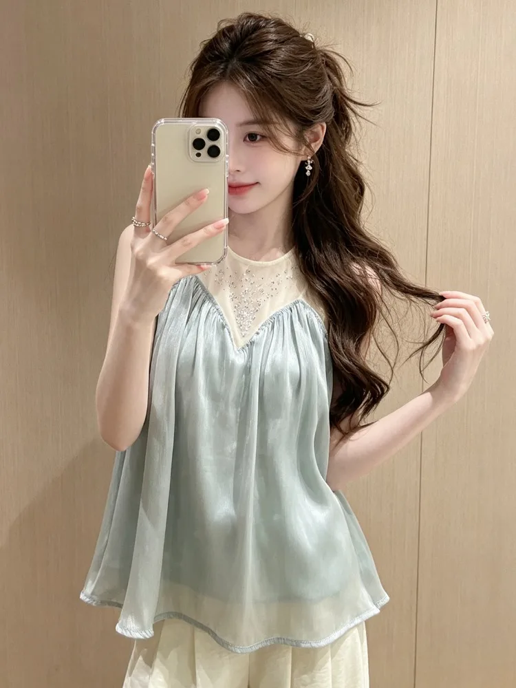 

Fashionable Sequin Mesh Satin Vest Strap Summer New Glossy Pleated Glowing Design Sense Korean Style Breathable Skin-friendly