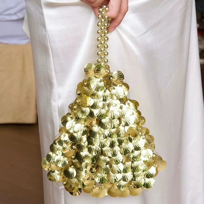 

Women's Sequins Evening Handbag Shell Case Woven Handmade Bucket Bag Handmade Bead Shoulder Holiday Vacation Beach Bag