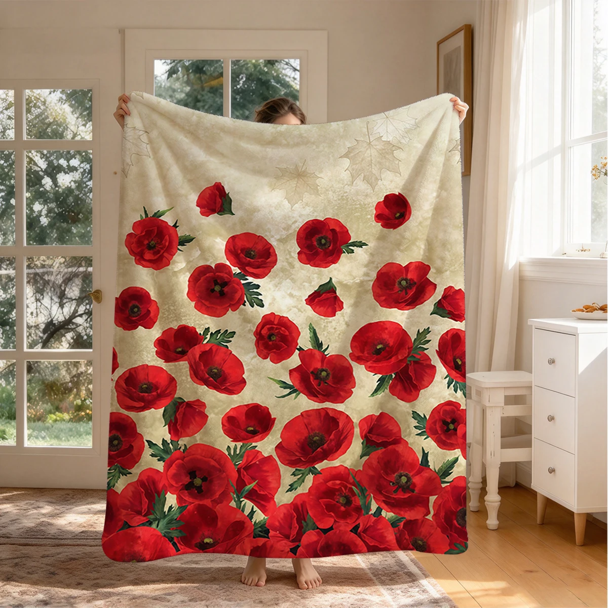 Retro Scarlet Poppies Flannel Blanket Warm Soft Halloween Christmas Couch Warm Cozy Decorative Decor Gift for All Season