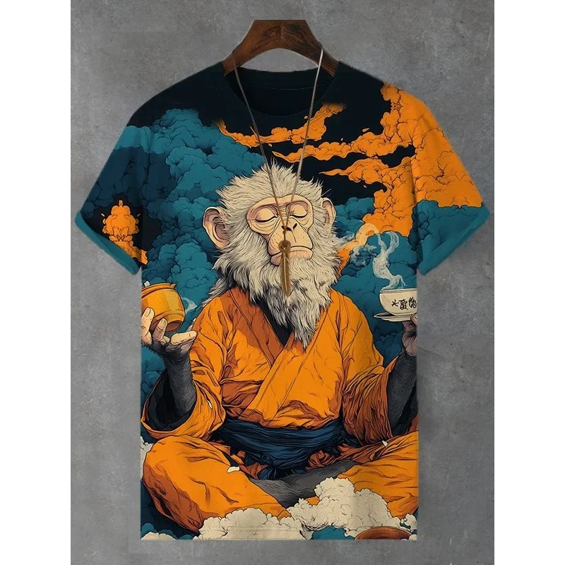 Monkey Meditation Pattern T Shirt For Men Wolf Cat Dwarf 3D Printed Tees Casual Short Sleeve Round Neck Tops Street T-Shirts