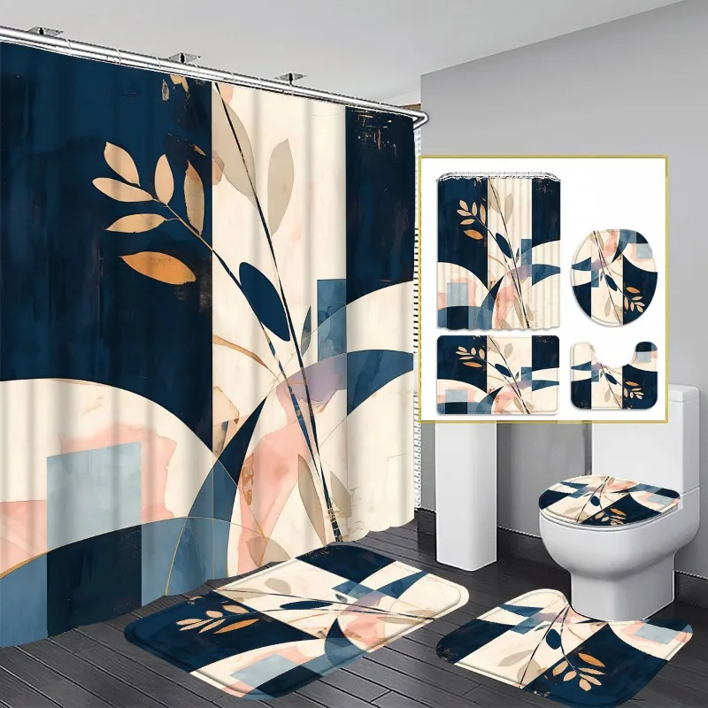 

4-piece leaf pattern bathroom set includes shower curtain with hooks, non-slip mat, toilet seat, and non-slip mat.