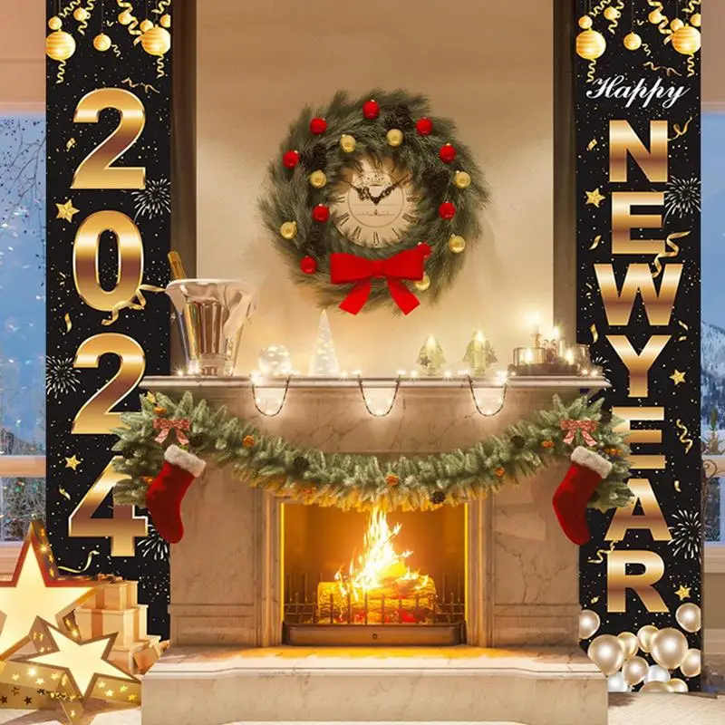 Happy New Year Banner Front Door Decoration New Year Eve Tags Holiday Theme Decor 2024 Welcoming Posters party flags accessories