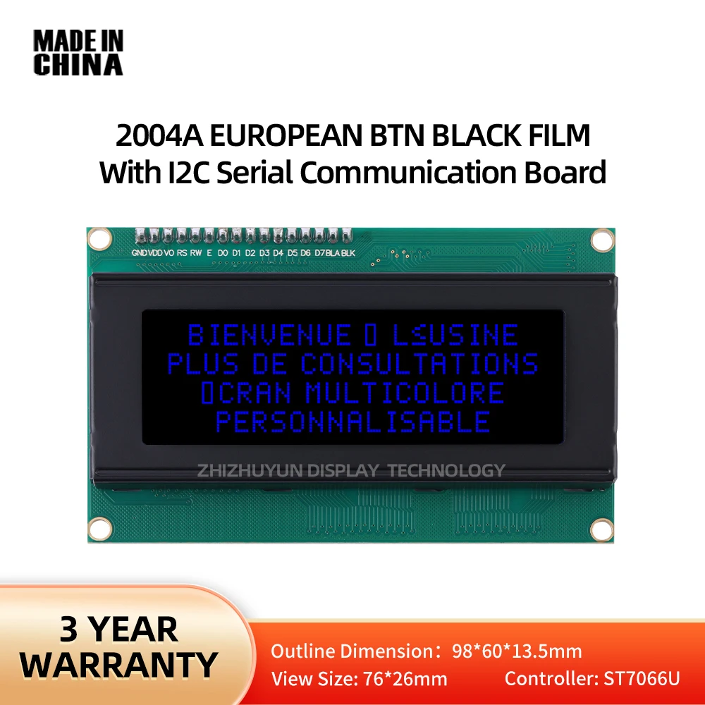 

LCD2004A IIC Adapter Board European LCD Display BTN Black Film Blue Lettering With LED Backlight IIC 12C Interface 5V