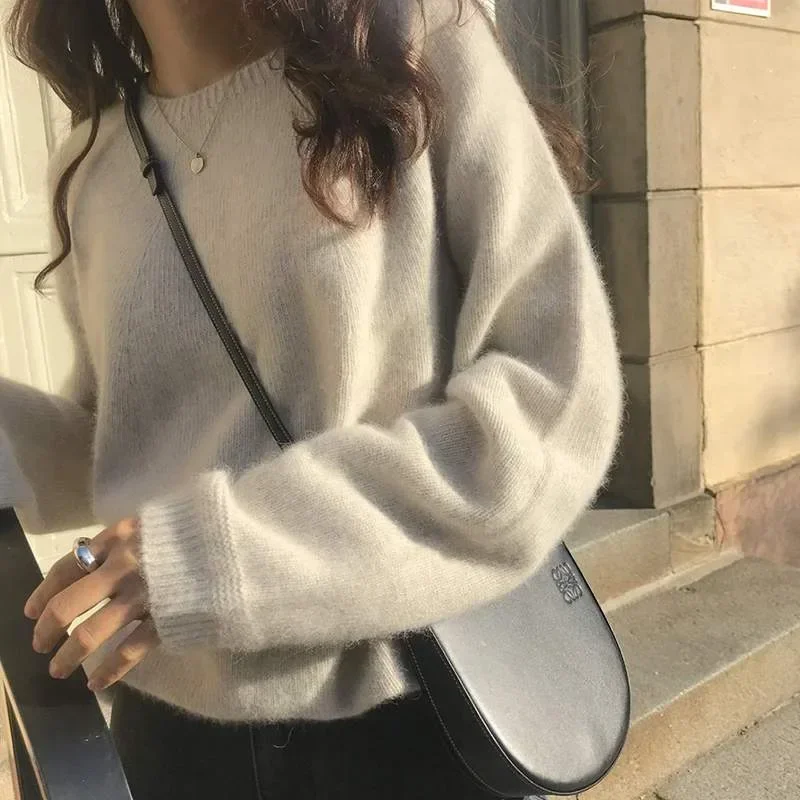 

2024 New Knit Sweater Women Long Sleeve Loose Wool Pullover Round O Neck Outer Jumper Autumn Winter Thick All Match Basic Tops